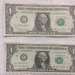 2 Pcs One Dollar Bill W/ Star note & Fancy Serial Numbers