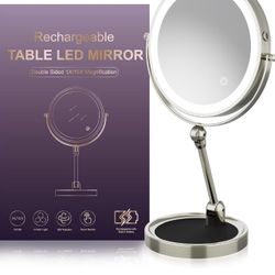 4000mAh Rechargeable 8" Lighted Makeup Mirror with 1X/10X Magnification with Height Adjustable & 3 Color Dimmable Lights,Double Sided Tabletop Cosmeti