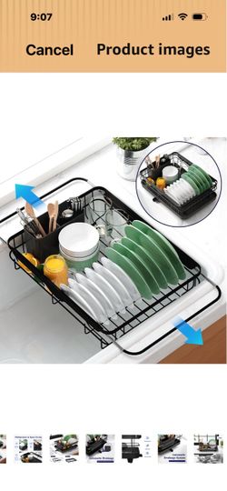 Kitsure Dish Drying Rack for Kitchen Counter, 12.2''W x 15.7''~23''L, Black Stainless Steel Sink Organization, Cutlery Holder, Home and Appartment Dec