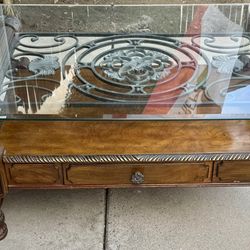 Coffee Table Glass Top And Solid Wood Base 