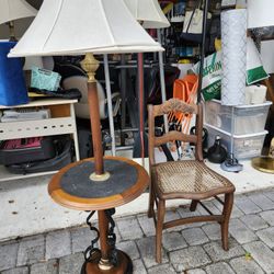 Antique Vintage Cane Chair And Freestanding Floor Lamp Built-in Table