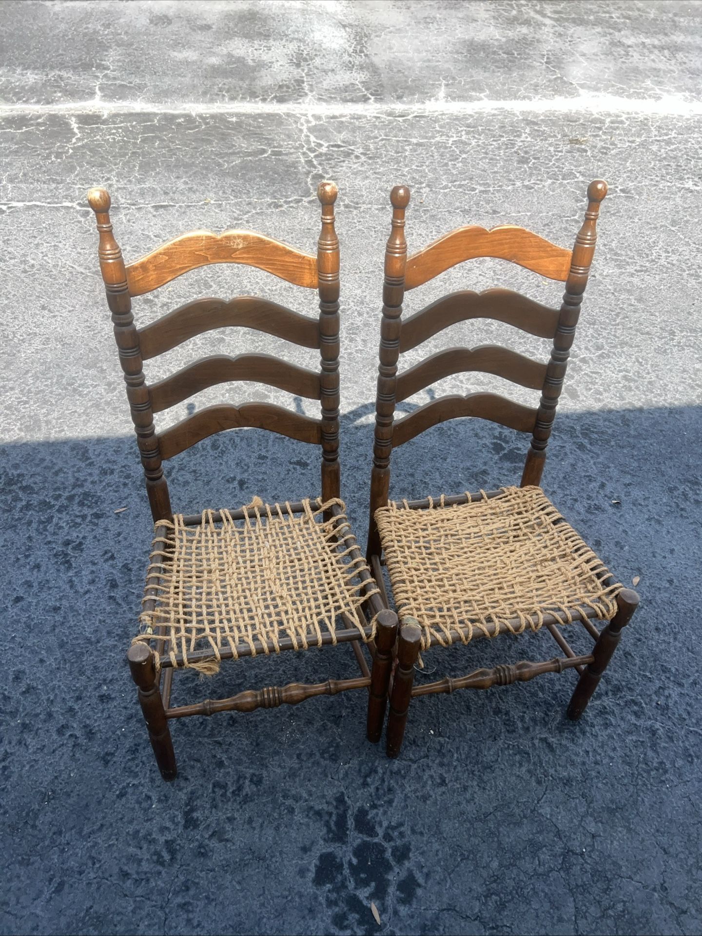 Vintage Twine Seat Wooden Chair, Ladder Back. Used in good condition with some noticeable cosmetic blemishes. These blemishes are in the of scratches
