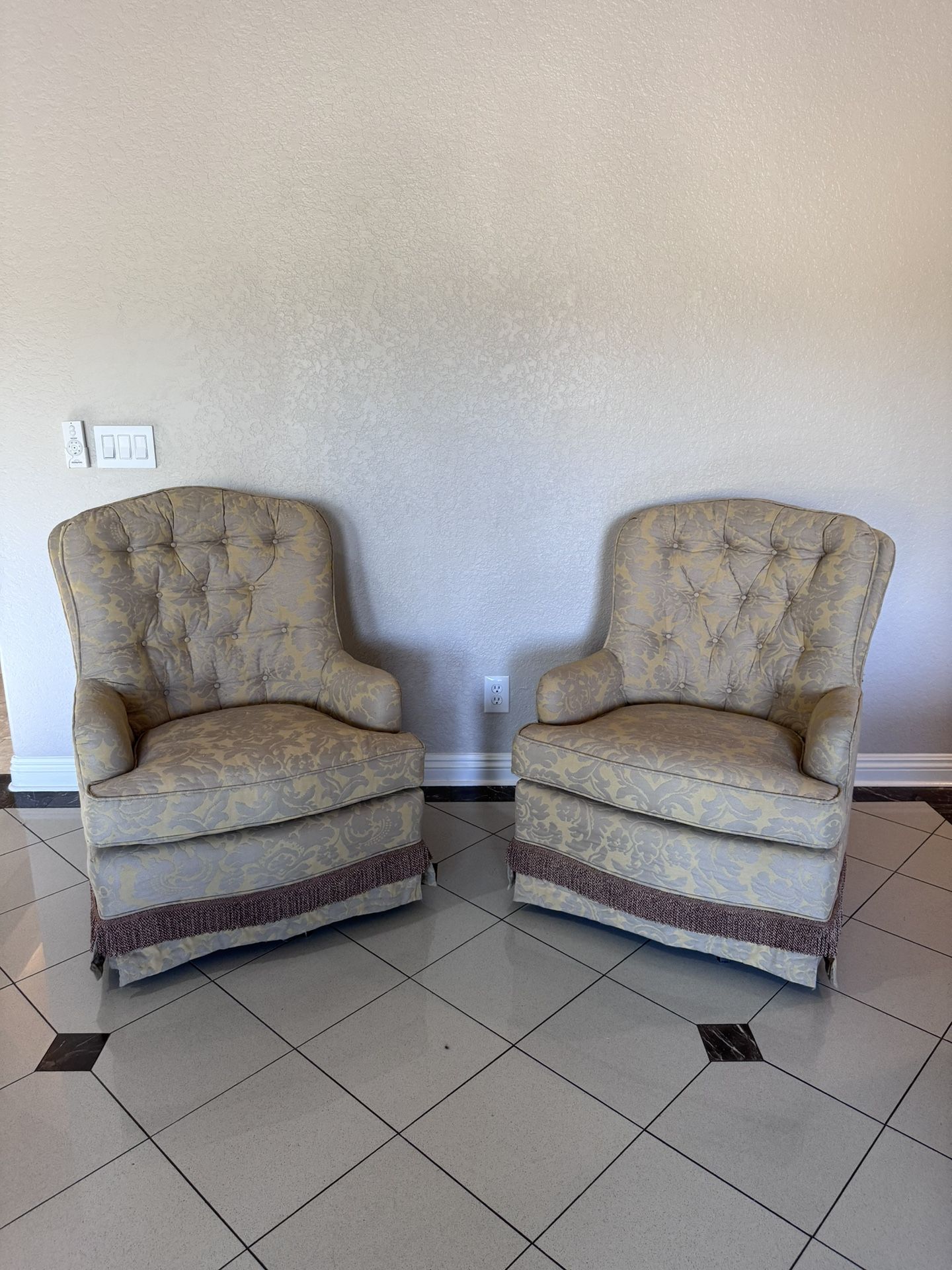 Set of 2 Vintage Yellow / Tan Brocade Swivel Chairs