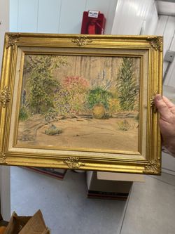 Early 20th Century Garden Scene Oil Painting (good condition)