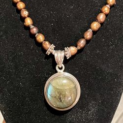 925 Sterling Silver Labradorite And Pearl Pendant Necklace 18.5” 
