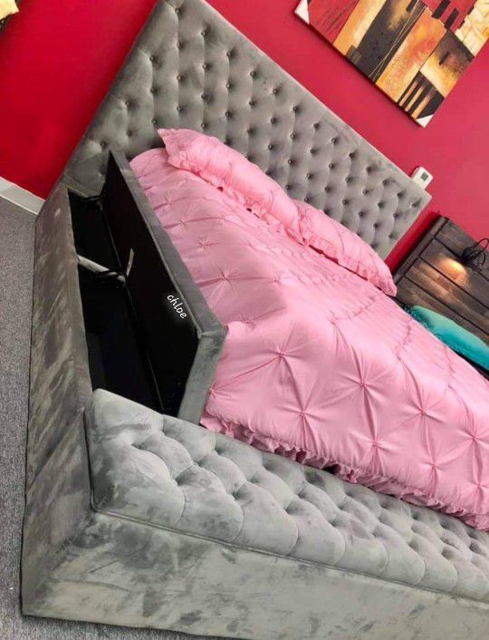 
÷ASK DISCOUNT COUPOn😎 queen King full twin bed  Prs Gray Velvet  Upholstered Storage Platform Bed  ÷
