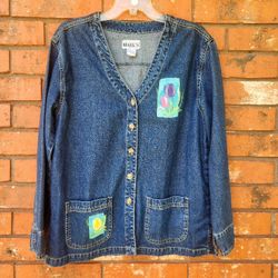 Jean Jacket Vintage Haik's Ladies Size Medium Painted Flowers Accent