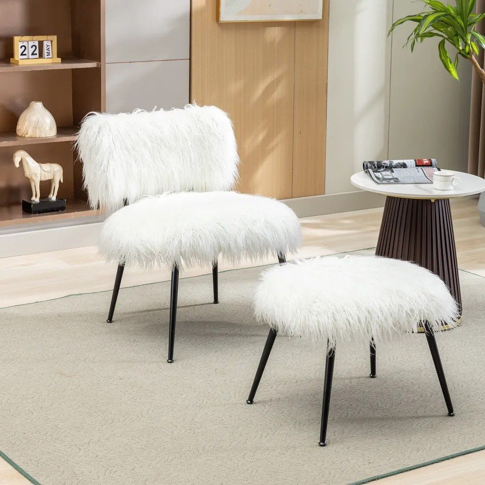NEW Ivory Faux Fur Plush Accent Chair with Ottoman, 25.2'' Wide Living Room Chair with Footrest