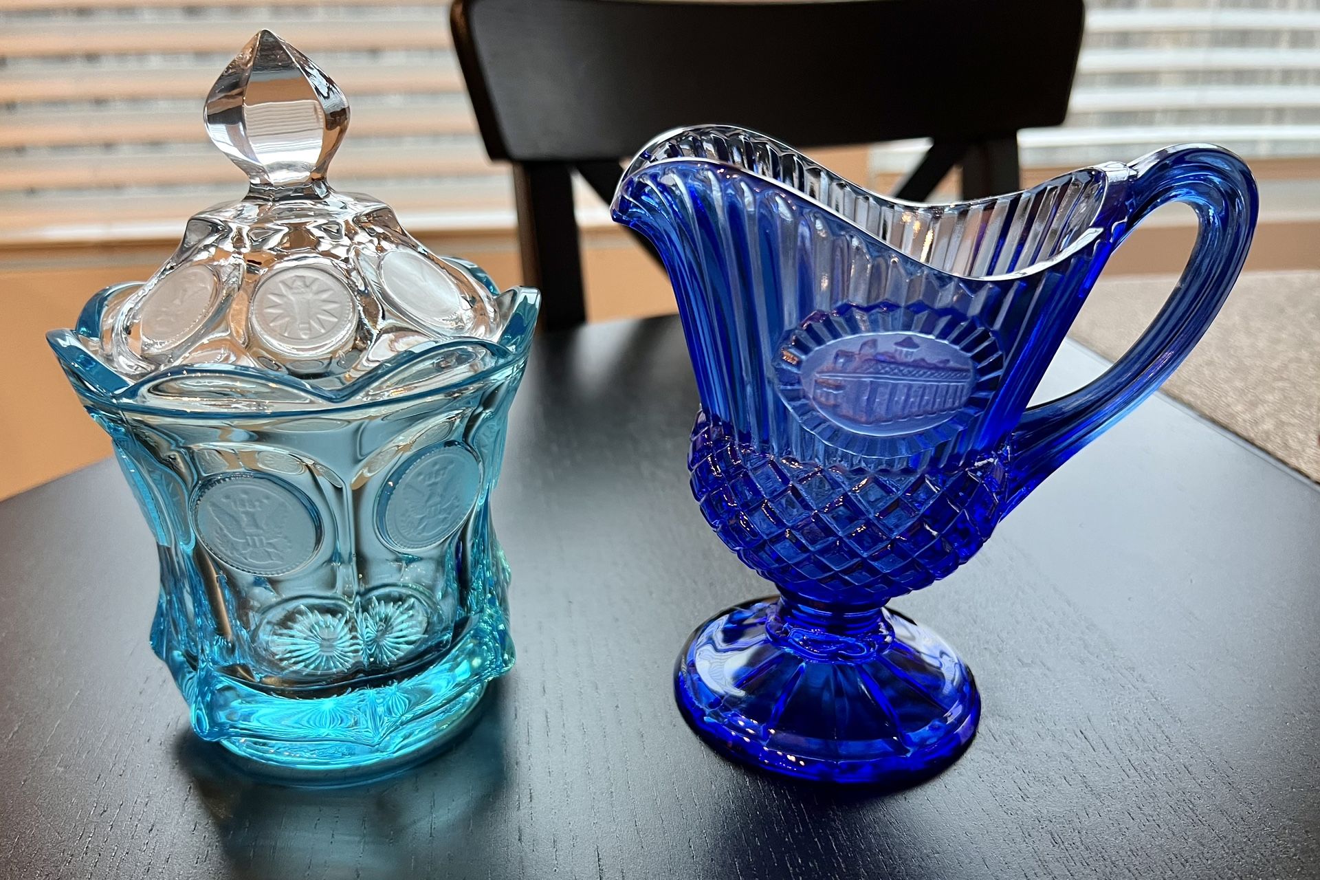 2 Fostoria coin glass Aqua blue and cobalt blue, glassware