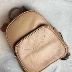 Tan Genuine Leather Mini Backpack Gold Zipper Casual Travel Daypack