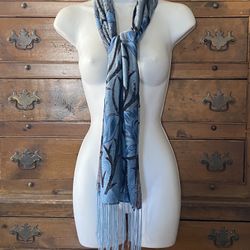 Woman’s Pashima Scarf Floral With Cutouts Backed With Black Mesh Fringed Ends