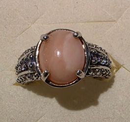 Pink Peruvian Opal, Tanzanite Ring, Rhodium Over Sterling Silver Size 8