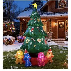 9ft Christmas Tree Decoration with Gingerbread Men Inflatable Outdoor Indoor Decor, Giant Blow Up Weatherproof Xmas Decorations for Yard, Built-in LED