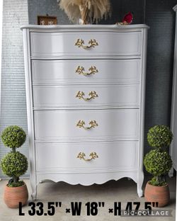 French provincial dresser chest refinished white and gold pulls 4 drawers one large deep drawer