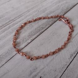 Copper Anklet With Light Pink Crystal Beads