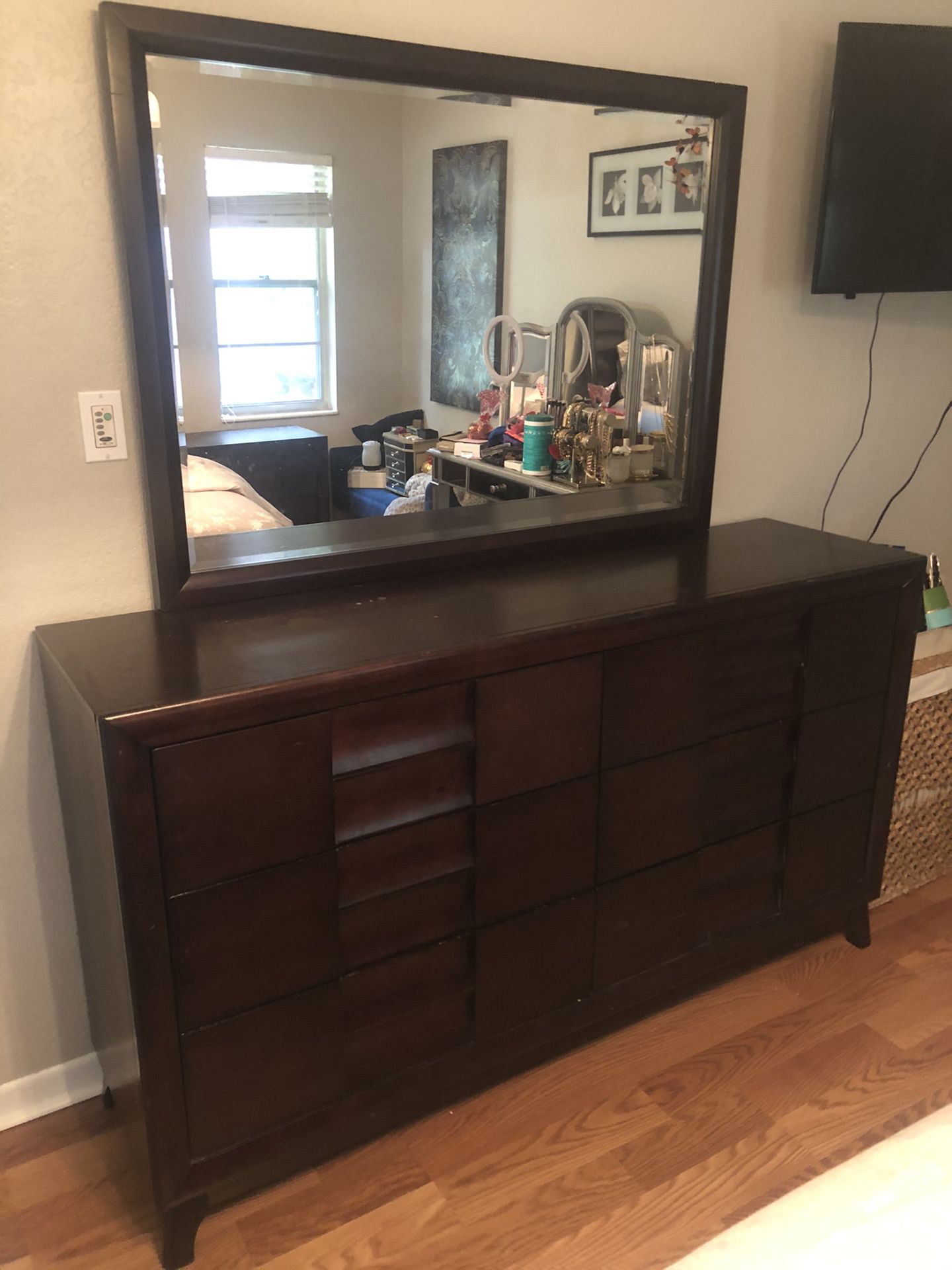 Queen bed frame, dresser, and 2 night stands