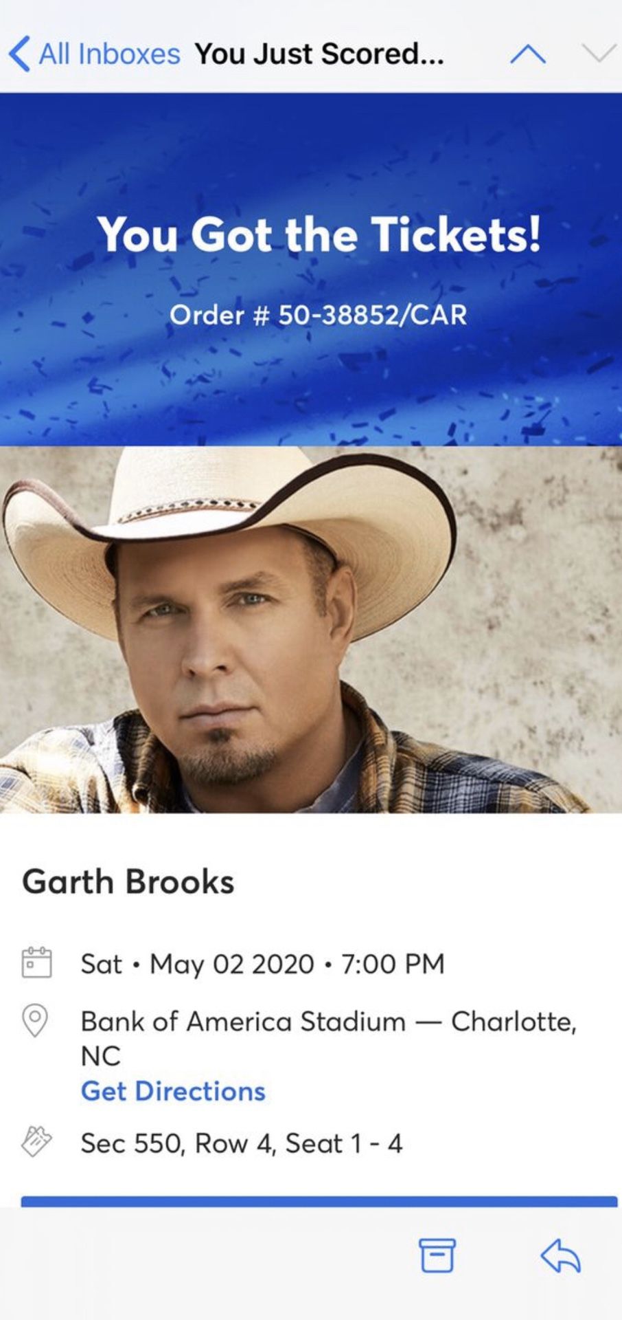 2 aisle seats to see Garth Brooks! 200 for both