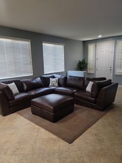 Dark Brown Leather Sectional Sofa with Storage Ottoman