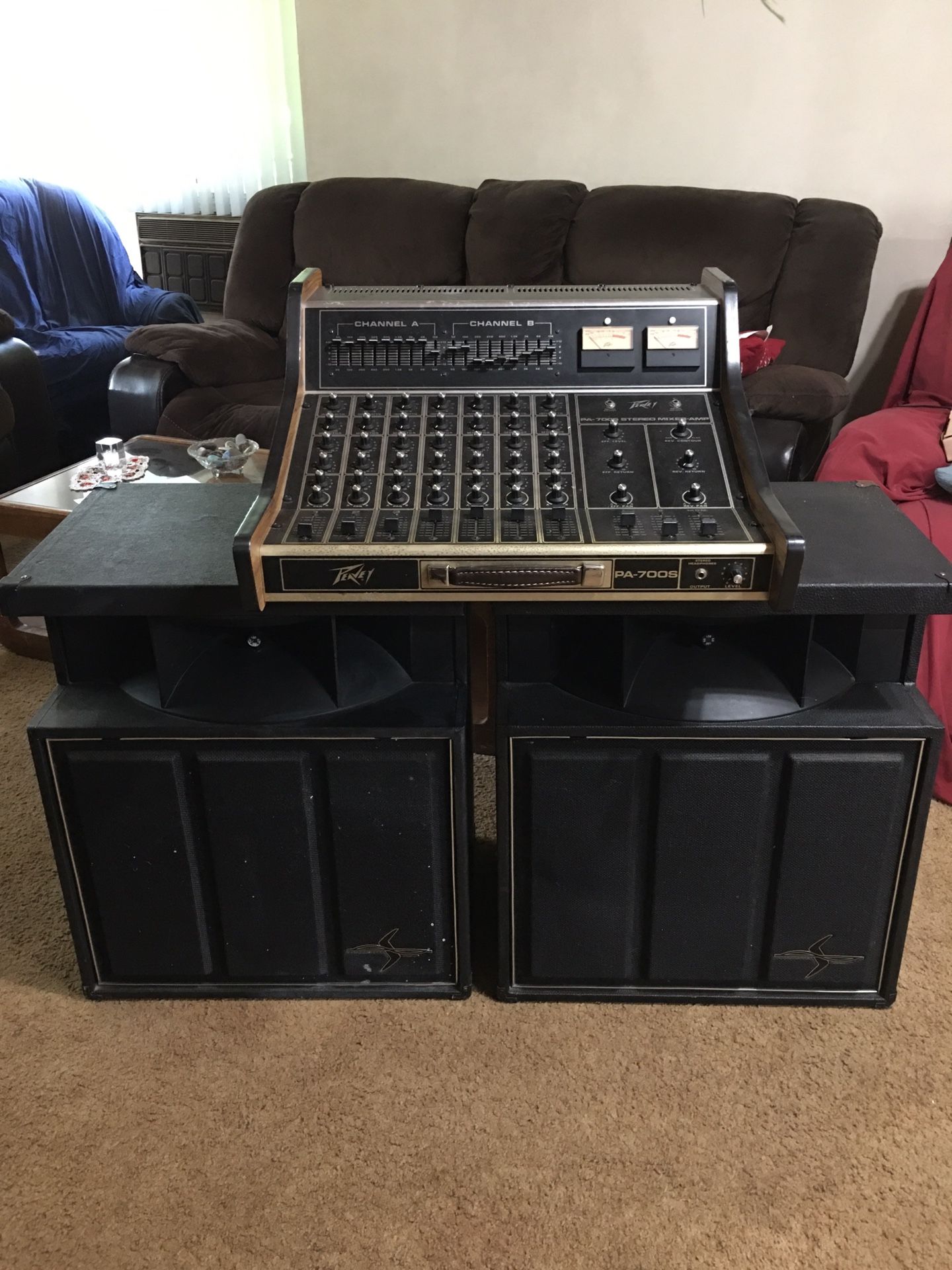 Vintage Peavey PA 700s Mixer Amp and 2 Shure Promaster Speakers