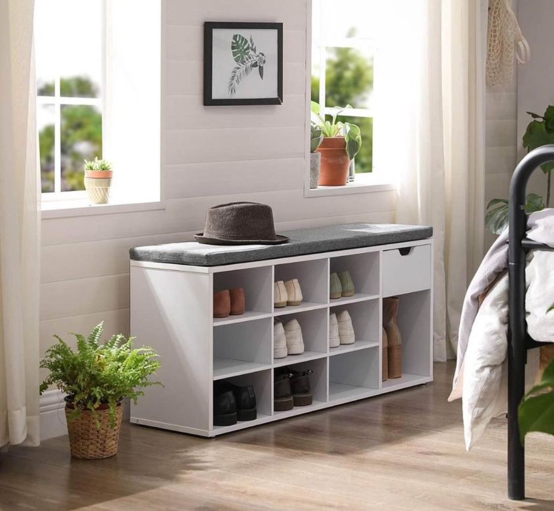 Storage Bench, Entryway Bench with Cushion, Drawer and Open Compartments, Bench with Storage, for Living Room, Bedroom, Closet, Whi