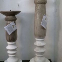 Decoris Candle Holder, 12" & 16" Pair, Brown/White Mango Wood White