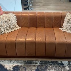 Channeled Leather Sofa With Walnut Base