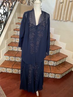 Catherine's Women’s Navy Blue Polyester Maxi Dress with Beaded Swirl Design and Matching Jacket Size 28W