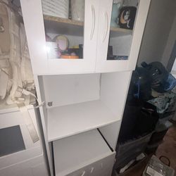White Kitchen Pantry Cabinet - Microwave Stand with Slide Out Shelf