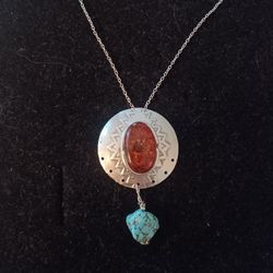 Vtg.NATIVE STERLING SILVER AMBER & TURQUOISE NUGGET PENDANT NECKLACE-18 IN.