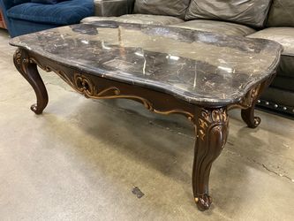 Tiled Marble Top Coffee Table with Decorative Carved Wood Details