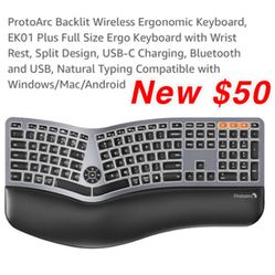New ProtoArc Backlit Wireless Ergonomic Keyboard, EK01 Plus Full Size Ergo Keyboard with Wrist Rest, Split Design, USB-C Charging, Bluetooth $50