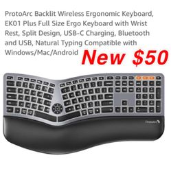 New ProtoArc Backlit Wireless Ergonomic Keyboard, EK01 Plus Full Size Ergo Keyboard with Wrist Rest, Split Design, USB-C Charging, Bluetooth $50