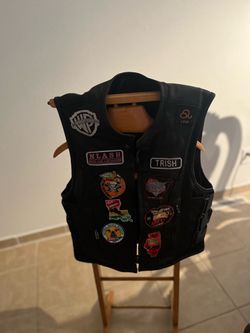 Black Leather Biker Vest with Patches