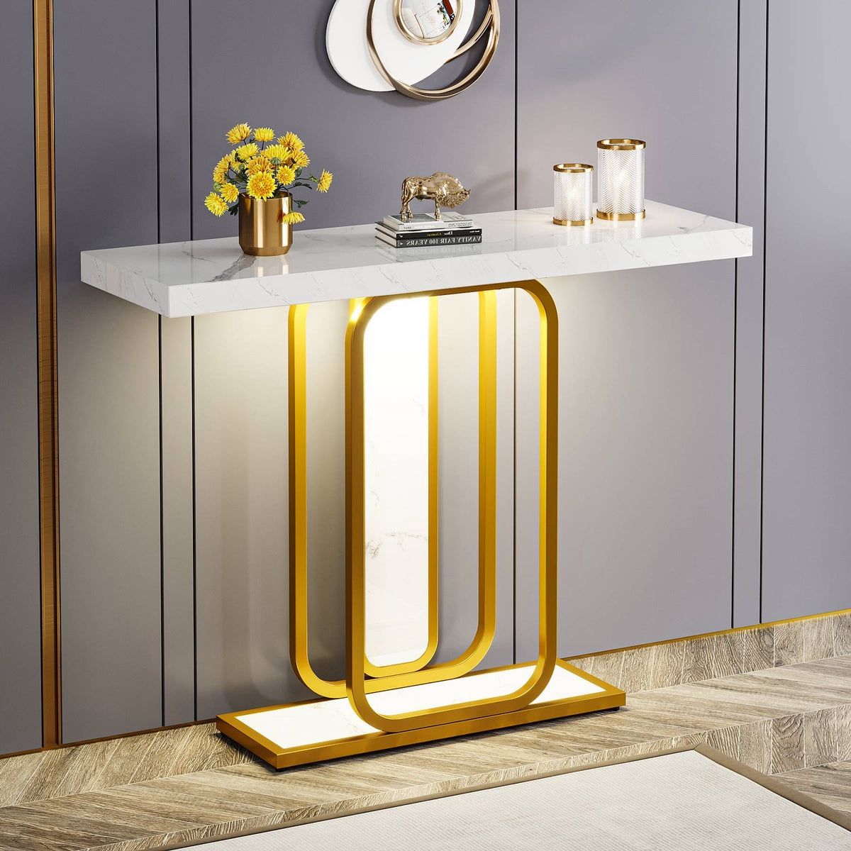 Tribesigns Modern Console Table, 41" Faux Marble Sofa Table with LED Lights