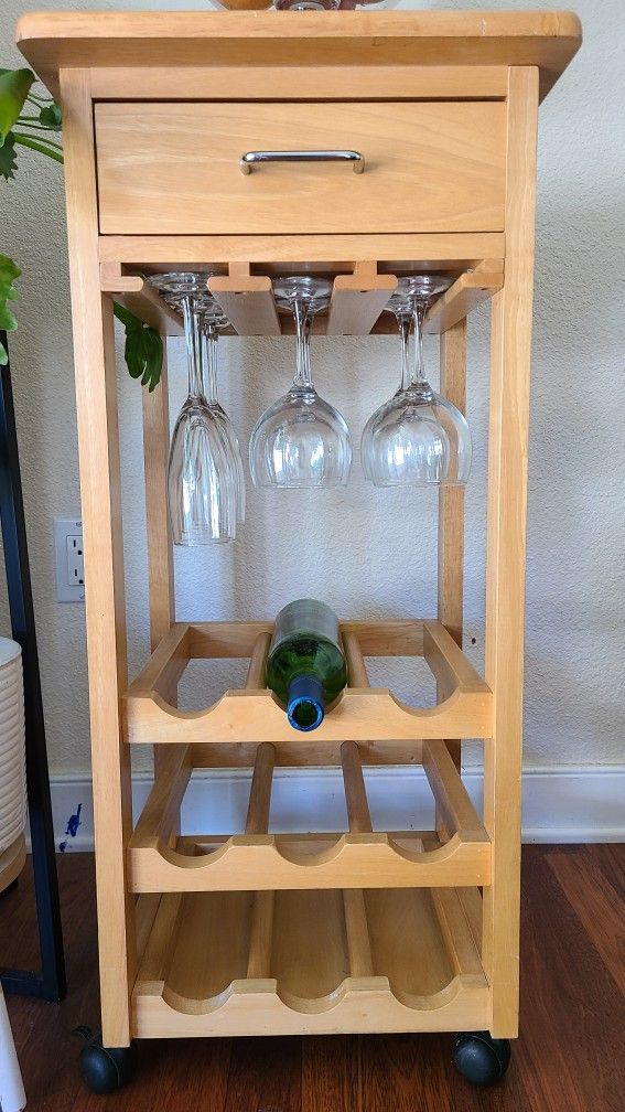 Mobile Wine Cart, Rack Glass Holder; serving Cart on wheels plus 4 Wine glass and 4 champagne glass.