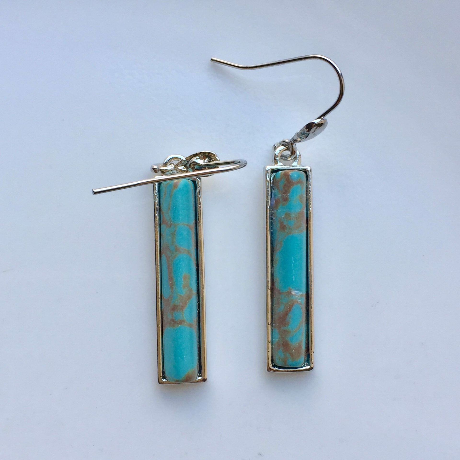 Silver plated vintage lab created turquoise dangles earrings
