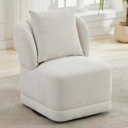 360° Swivel Accent Chair with Square Back Pillow,Modern Soft Chenille Fabric - Pearl Cloud White