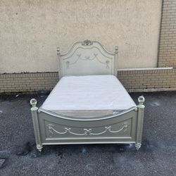 Silver Full Size Solid Wood Disney Princess Bed Frame With Brand New Full Size Plush Mattress And Box Spring In Plastic 
