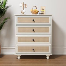 White Coastal Rattan 4 Drawer Dresser