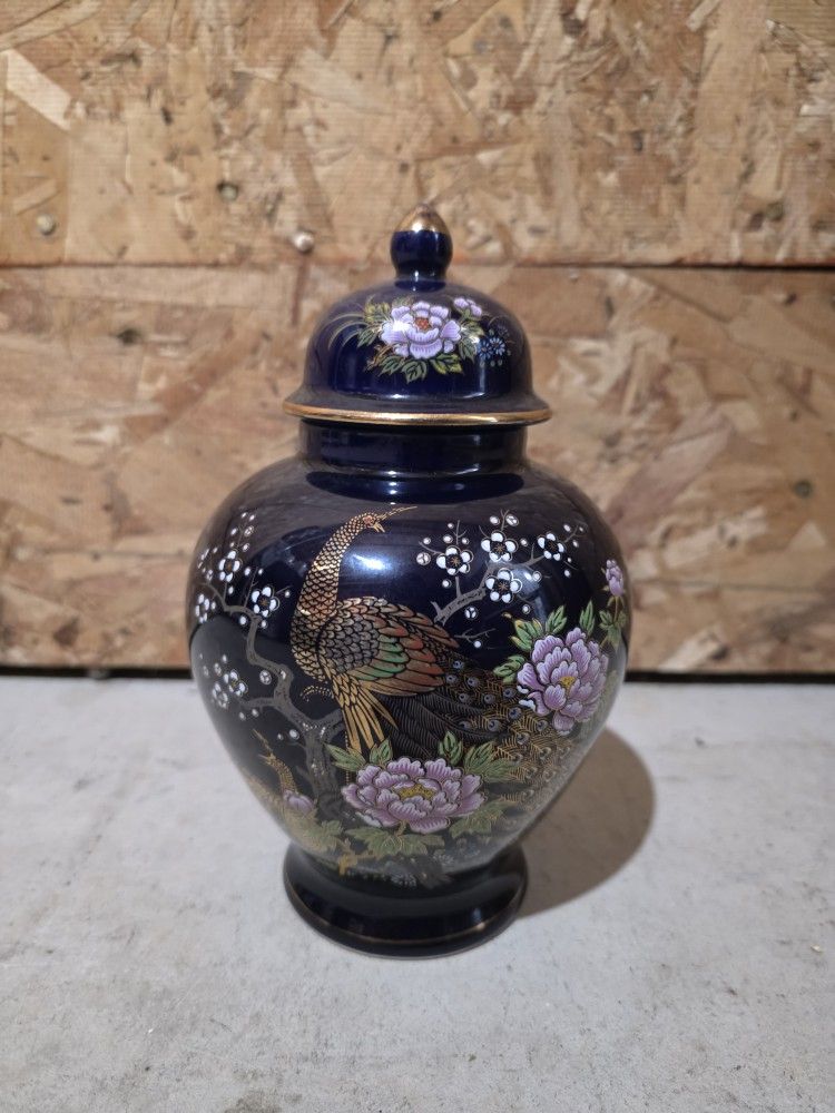 Vintage Cobalt Blue Ginger Jar / Peacock & Floral Design (Made in Japan)