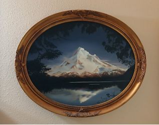 Vintage Oval Framed oil painting  of Mount Hood or Mount rainier Landscape