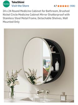 TokeShimi 24 x 24 Round Medicine Cabinet for Bathroom, Brushed Nickel Circle Medicine Cabinet Mirror Shatterproof with Stainless Steel Metal Frame, De
