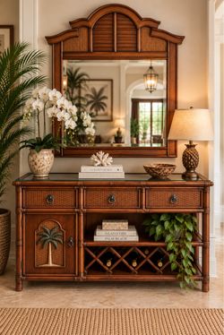 Tropical Rattan Wood Sideboard with Mirror