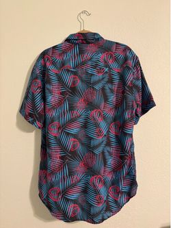 RSVLTS Dream mighty things tropical leaf Hawaii  aloha shirt pineapple coconut teal black and pink size xl button up short sleeve shirt