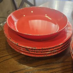 New. TOMMY BAHAMA Hibiscus RED Tuscan Dinner Plates Bowls MELAMINE Crackle Set of 8  (reseda ca)