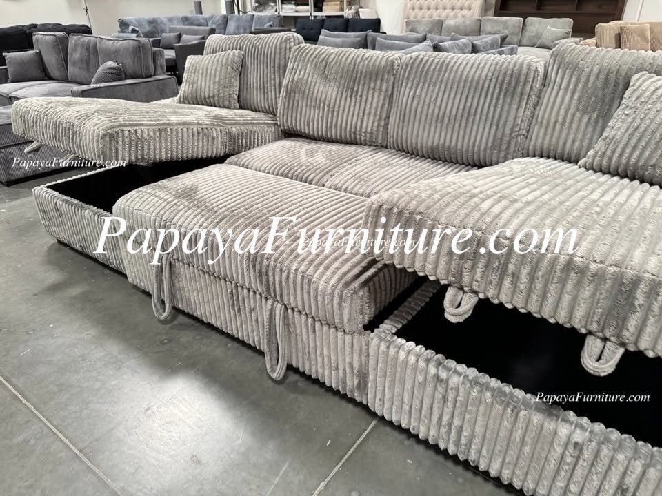 NEW LARGE U Shape Sectional Couch and TWO STORAGE CHAISE Set Pullout Sleeper Sofa Bed Grey SUPER PLUSH TEDDY BEAR FABRIC Convertible Adjustable  Big