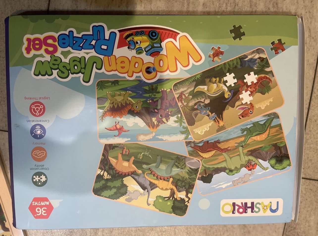 Dinosaur Wooden Puzzles for Kids 4 in 1 Gift Box(12.2 * 9.4 in) - FSC Certified, Jigsaw Puzzles for Kids Ages 4-6, Dinosaur Toys Gifts for 3 4 5 Year