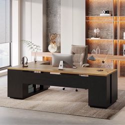 Tribesigns 85.8 Inch L-Shaped Executive Desk, Modern Extra Large Office Desk with File Drawers, Cabinet with Door and Shelves, Commercial Office Table