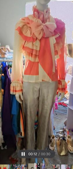 Ruffled Bow Blouse Coral and Cream