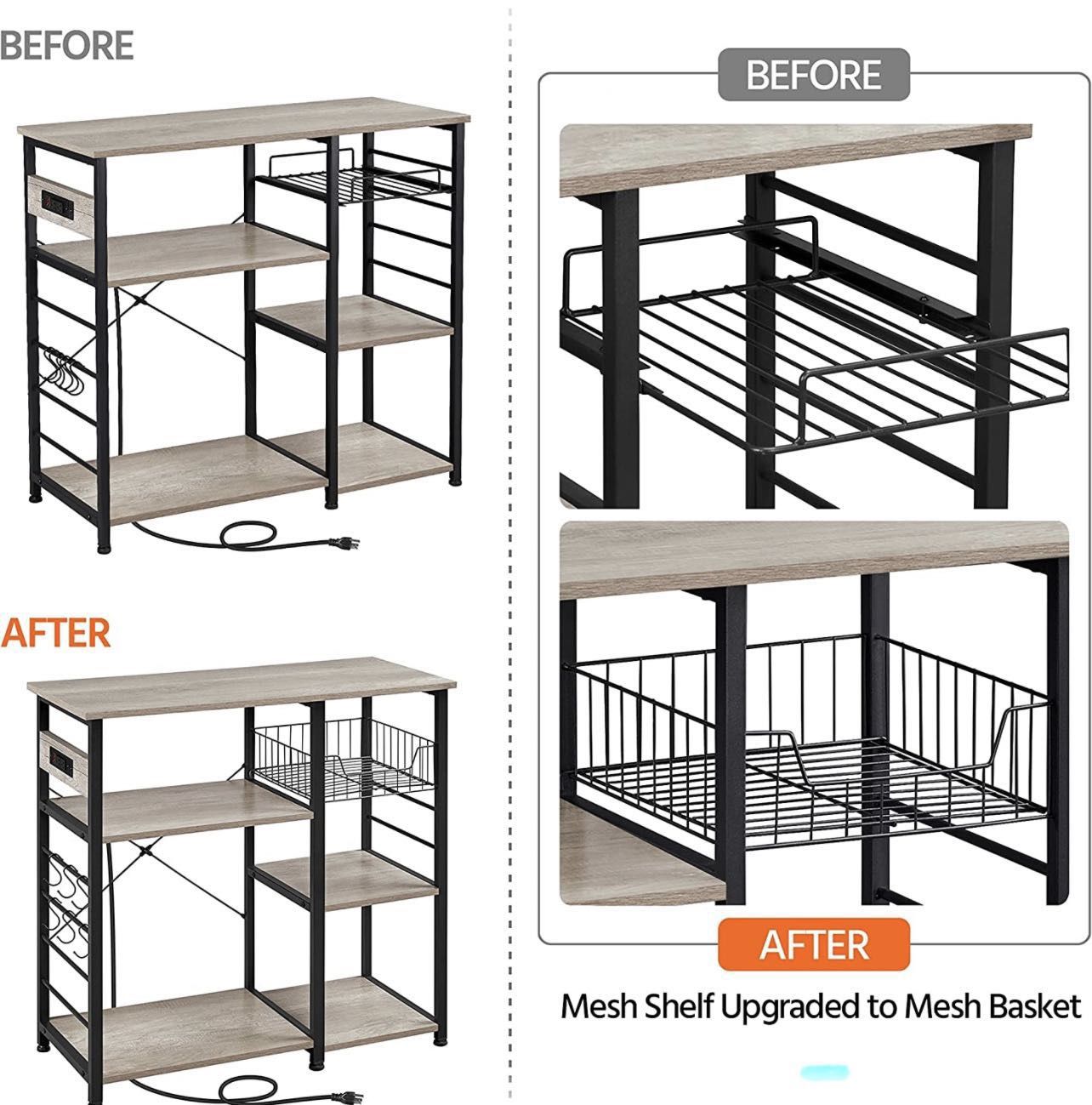 4-Tier Baker's Rack with Power Outlet, Microwave Stand Coffee Bar with Wire Basket and 6 S-Shaped Hooks, Durable Kitchen Storage Shelf Ample Storage K